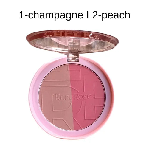 Blush Compacto Dual Cheeks cor Champanhe e Peach Ruby Rose Linha Rosa