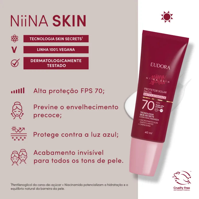 Protetor Solar Facial Antioleosidade FPS 70 Niina Secrets Eudora Skin 40ml