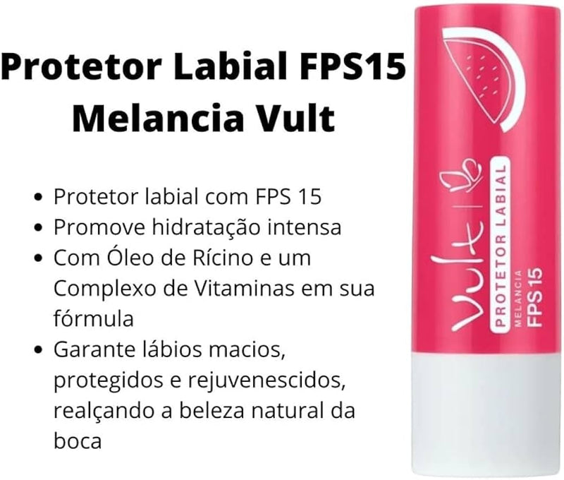 Hidratante Labial Protetor com FPS 15 sabor Melancia Vult