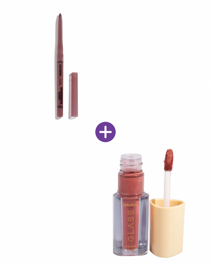 Lip Combo Nude Aveludado Perfeito com Batom Glass BG03 Ruby Rose + Lápis Castanho Claro Vult